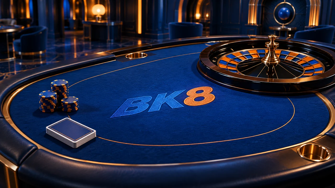 Meja kasino kosong dengan nama BK8 pada permukaan meja
