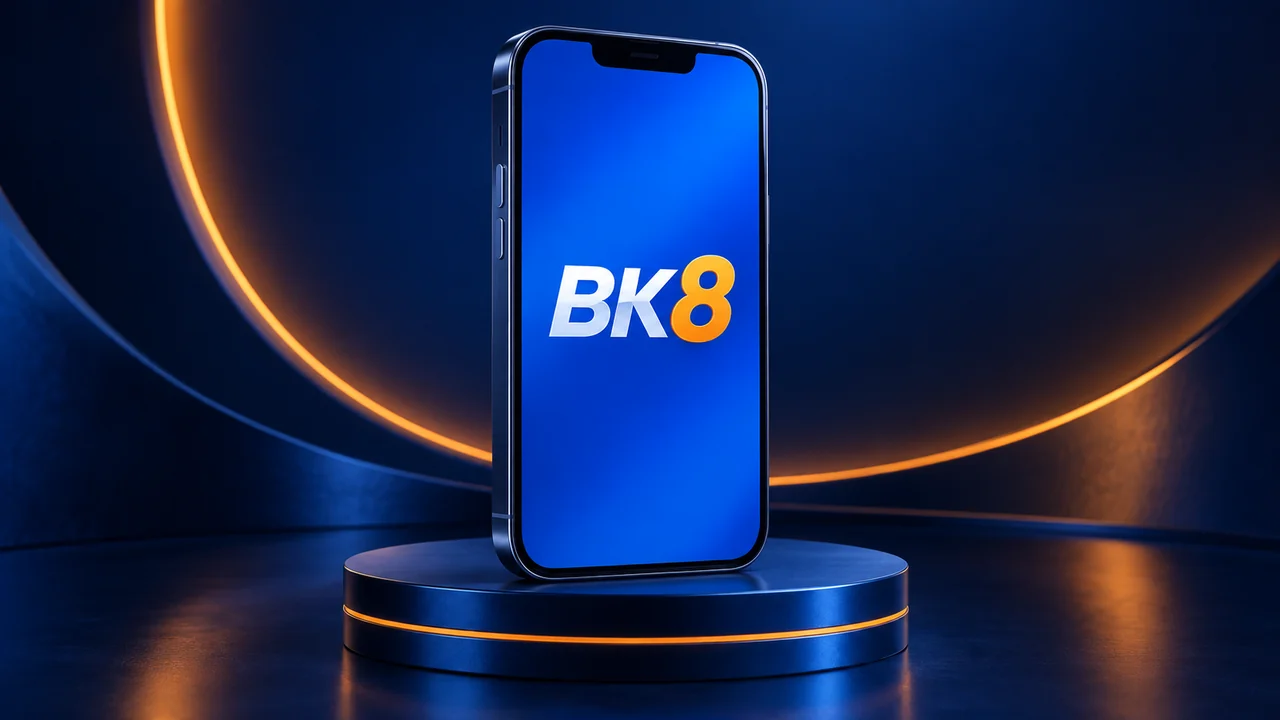 Telefon dengan nama BK8 dalam suasana biru dan jingga